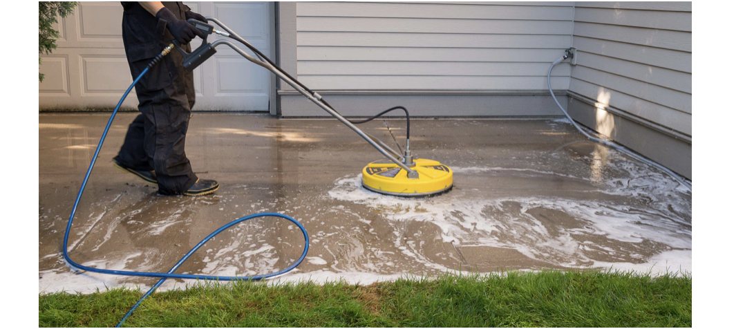 Surface cleaner lifting grime off a soapy concrete driveway mid-wash